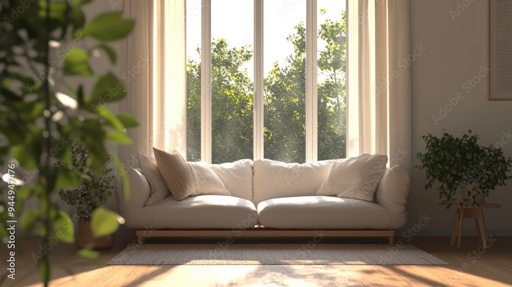 Poster concept of a bright room featuring a sofa with a summer view through the window showcasing scandinav