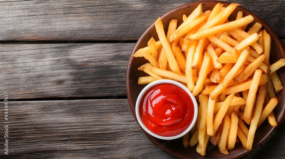 Poster Close up of a plate of freshly fried crispy golden brown French fries served with a side of vibrant red ketchup for dipping  The image has a simple clean background with copy space for text overlay