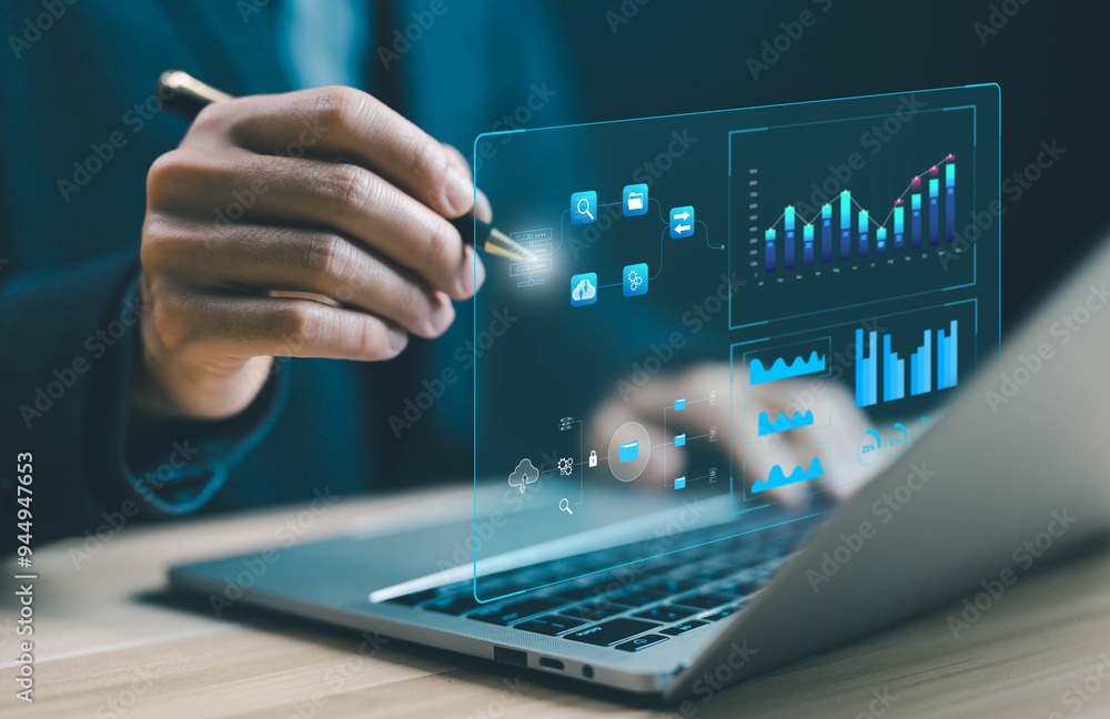 Poster analyst manages the system database and reports research on the platform's digital technology. concept of analysis data plans to show a dashboard chart on the computer, analytics business