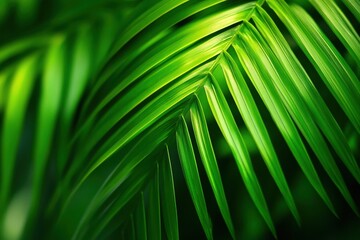 Lush green palm leaves close-up, showcasing natural beauty and vibrant foliage. Perfect for nature-themed backgrounds and botanical projects.