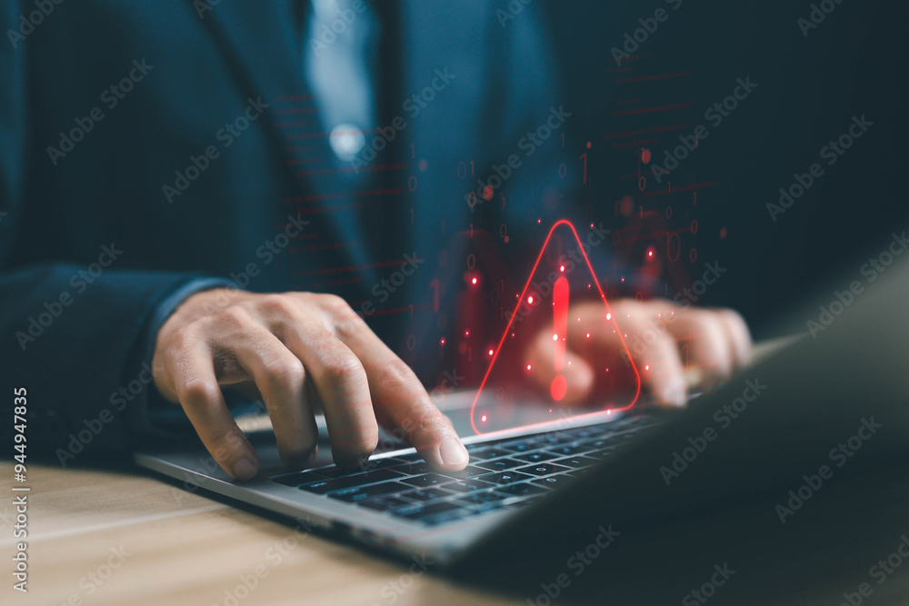 Poster notification spam in the laptop, caution danger a computer is attacked. cyber error symbol warning s