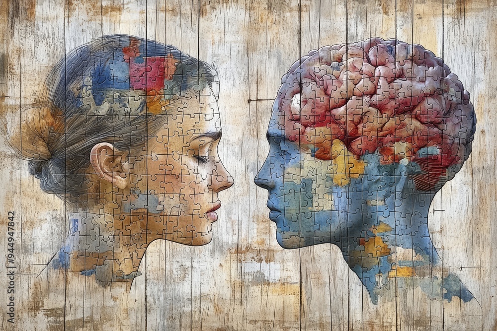 Poster artistic representation of two profiles with merged brains showcasing cognitive synergy and teamwork
