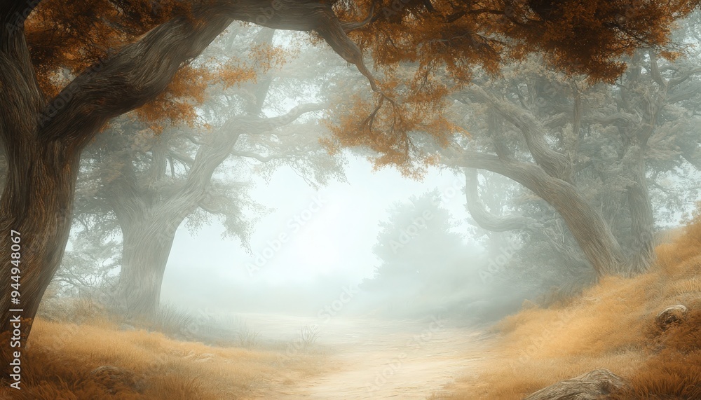 Poster misty forest path with golden autumn foliage and twisted trees, creating a mysterious and enchanting