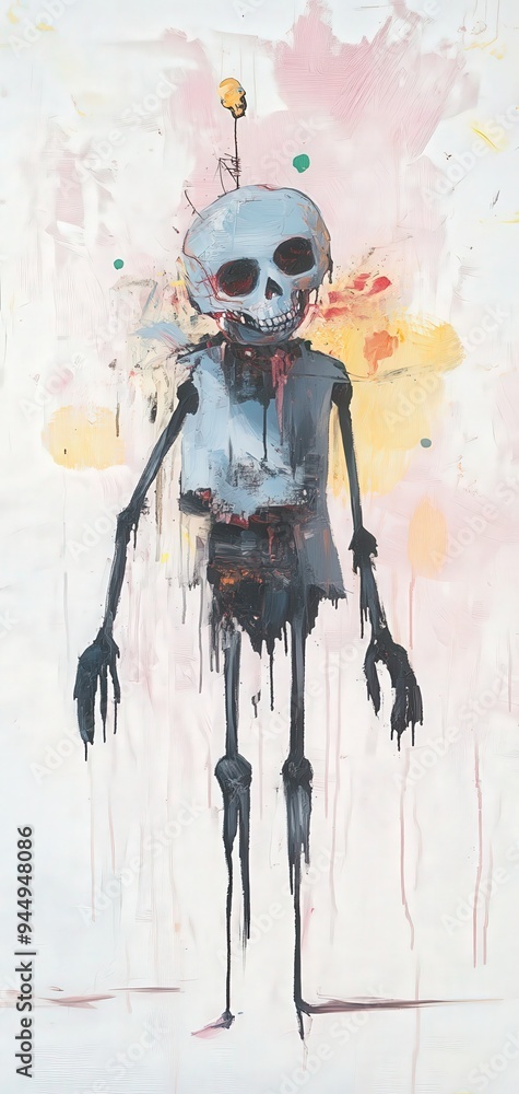 Poster modern abstract painting featuring a surreal skeleton figure with vibrant colors and artistic splatt