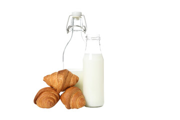 PNG,Croissants with a bottle of milk, isolated on white background