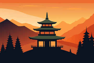 village temple silhouette vector illustration