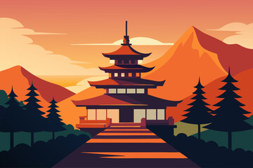 Fototapeta premium village temple silhouette vector illustration 