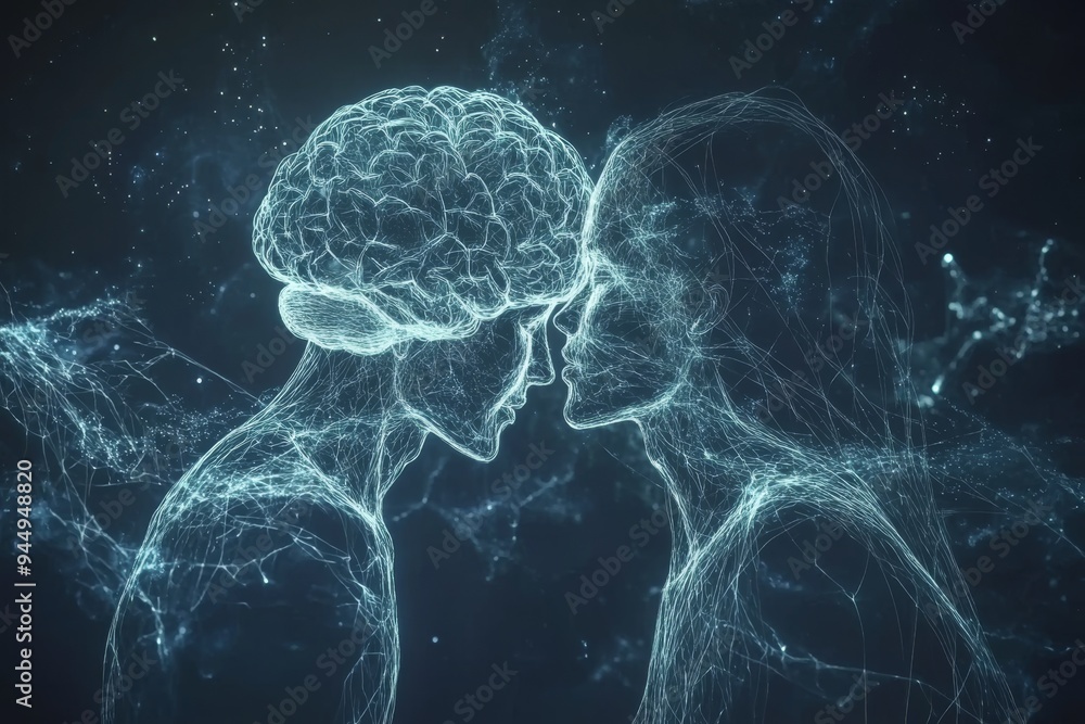 Poster two neural network brains facing each other depicting the connection and communication in human inte