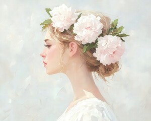 Naklejka premium Profile of a young woman wearing a floral crown with soft peonies, evoking a sense of tranquility and elegance.