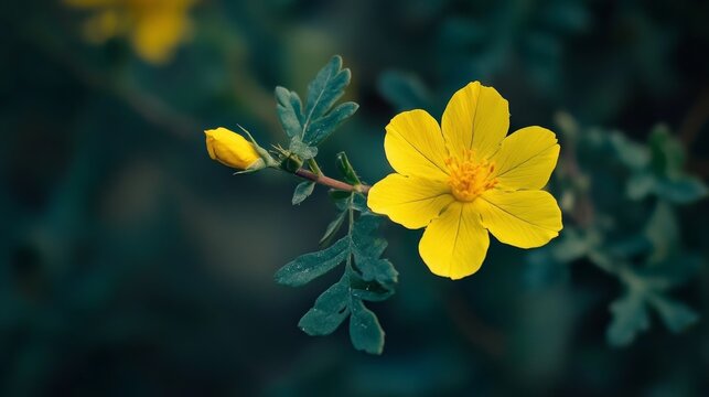 Yellow devil's thorn flower close-up with leaves.