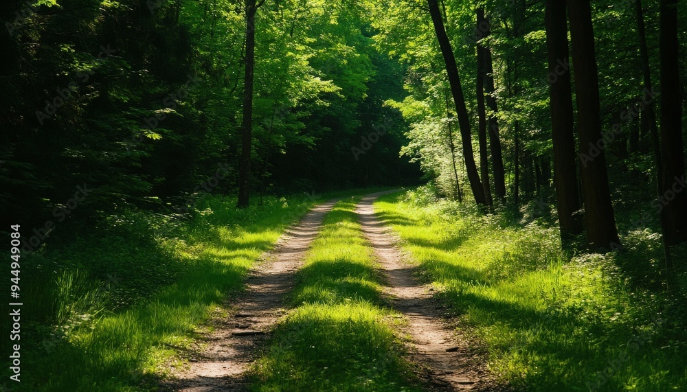 Poster serene forest path leading through lush greenery and tall trees with sunlight filtering through leav