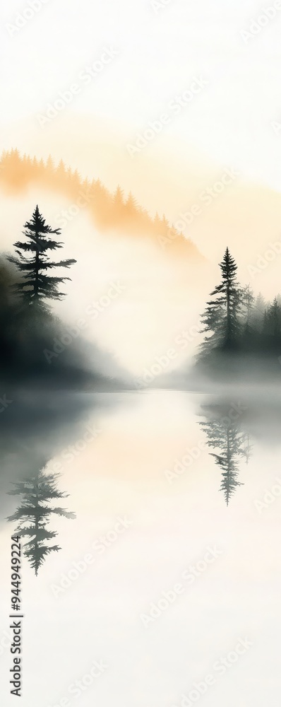 Poster serene landscape of pine trees reflected in a calm lake with mist and mountains in the background du