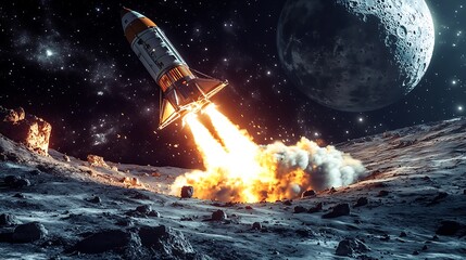Lunar Launch: A spacecraft ignites its engines, ascending from a desolate moonscape in a fiery blast of ambition and exploration. 