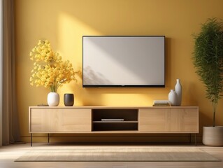 Modern Living Room Interior with TV, Wooden Cabinet, and Yellow Flowers