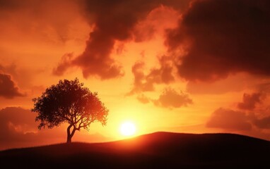 Fototapeta premium Stunning sunset landscape with a solitary tree on a hill, vibrant orange sky, and dramatic clouds creating a serene and picturesque scene.