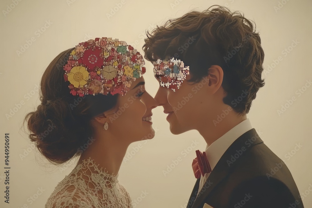 Poster romantic connection visualized through brain flower crowns at a wedding symbolizing unity and intell
