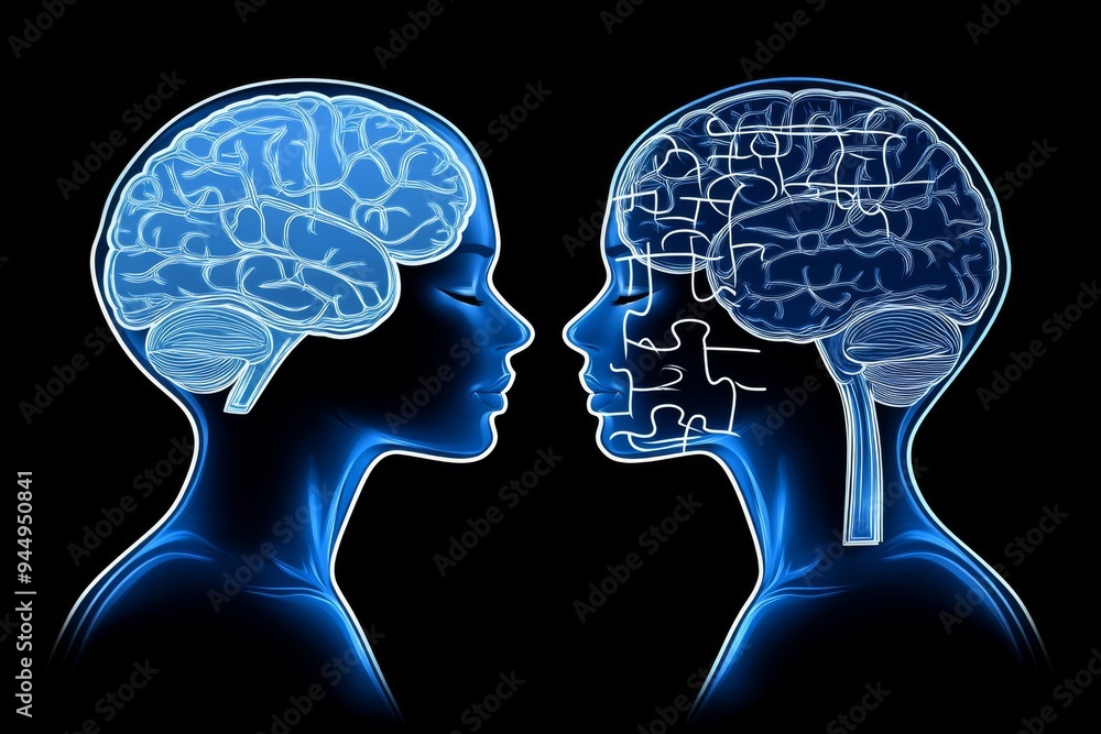 Poster silhouette of two heads with interlocking brain gears showcasing the intricate mechanics of human in