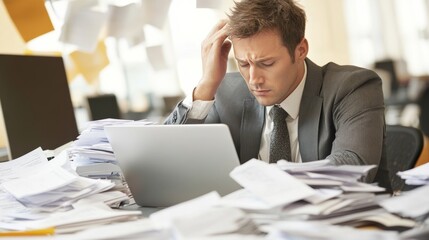 Obraz premium Office worker struggling with laptop and paperwork.