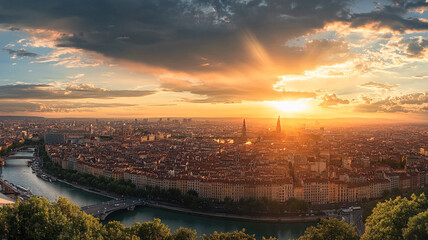 Stunning sunset over a sprawling cityscape with river views and dramatic clouds in Lyon, France during the golden hour