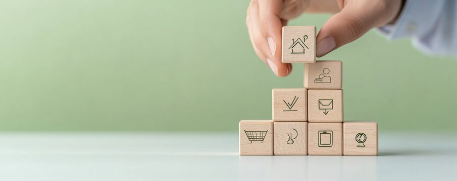 A hand stacking wooden blocks with icons, representing growth, creativity, and structure in a modern workspace.