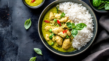 An overhead shot of Green Curry Chicken, accompanied by a side of steaming jasmine rice