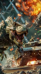 Fototapeta premium A dinosaur stands over a tank in a futuristic battlefield.