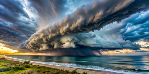 Fototapeta premium Dramatic storm clouds gathering over the ocean, intense weather, approaching storm