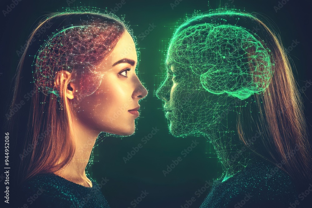 Poster radiant brains in profile symbolizing the dynamic exchange of ideas and the light of knowledge