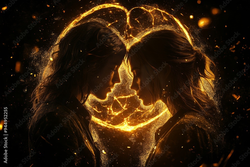 Poster silhouette of a couple with universe themed brain illumination symbolizing deep cosmic connection an