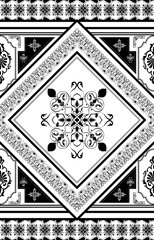 Detailed abstract patterns, black lines, mandala flowers. Fabric borders and carving