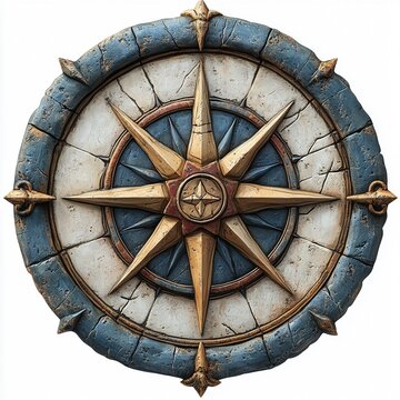 recommend clip art: Nautical Compass with Eight Points:  A decorative compass with eight points, featuring a gold star surrounded by a blue and red circle on a white background.  The compass is made of stone and has a ru