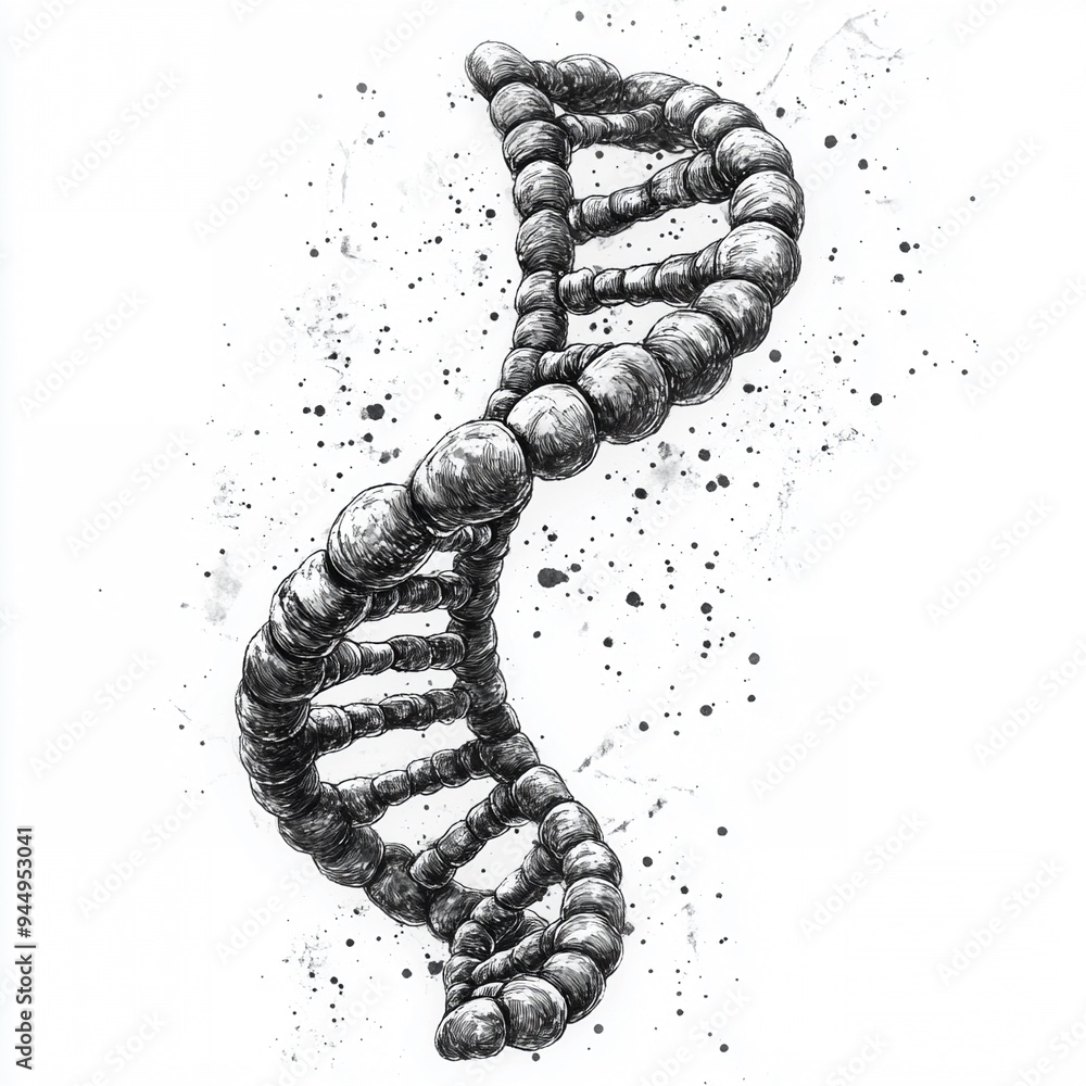 Poster dna double helix: a detailed illustration of a dna double helix against a background of scattered in
