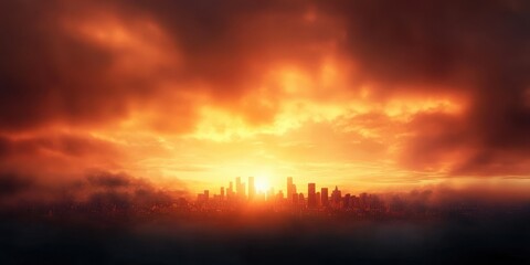 Fototapeta premium A breathtaking sunset illuminates a silhouette of a city skyline, casting dramatic shadows and vibrant colors across the sky.