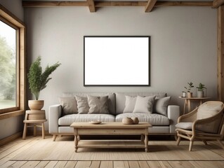 Minimalist living room with a large framed canvas, a light-colored sofa, and a woven armchair.