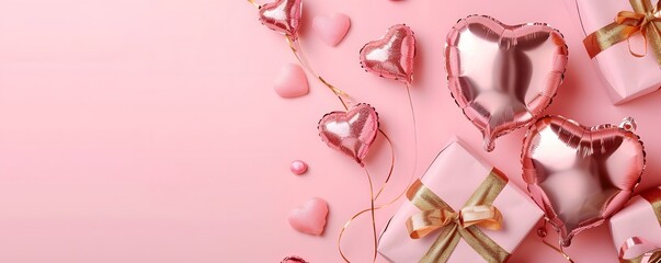 Pink Gift Box With Rose Gold Heart Balloons and Ribbons