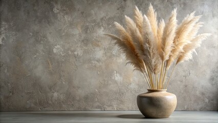 Pampas grass in a round stone vase on a minimalistic background, pampas grass, stone vase, minimalistic, background, decor, home