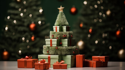 Different Christmas boxes with red ribbon bows on the Christmas tree background