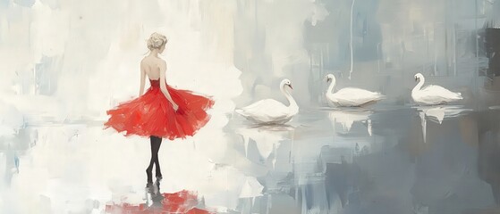A dancer in a vibrant red dress twirls gracefully by a serene lake, accompanied by elegant swans in a dreamy landscape.