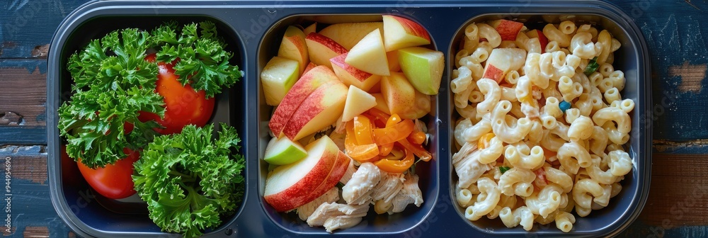 Wall mural Bento Box for School Lunch Featuring Macaroni Salad, Chicken, and Apples