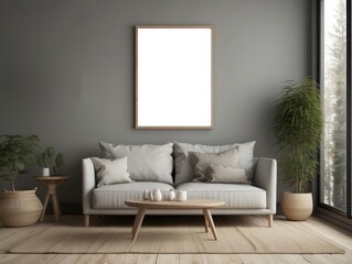 Minimalist Living Room Interior with Gray Walls and White Sofa