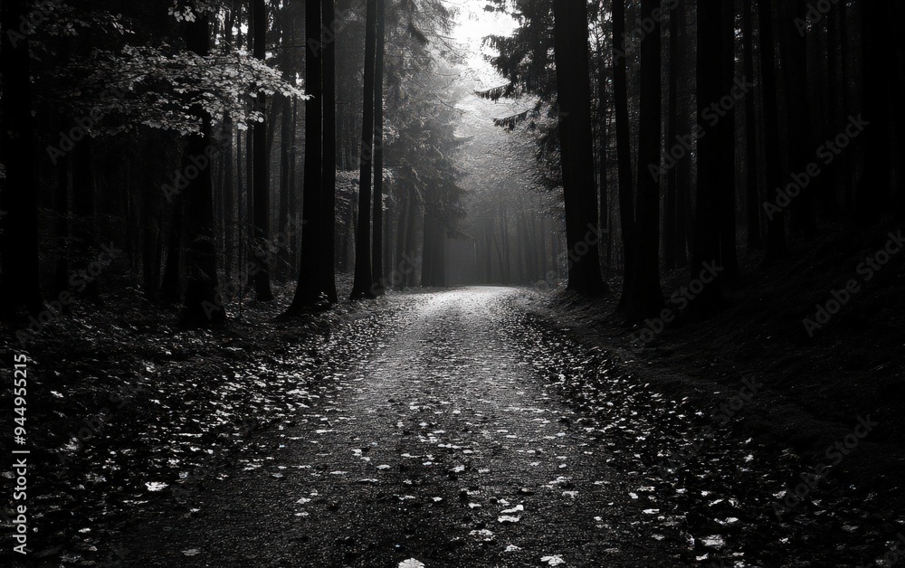 Poster a serene forest pathway enveloped in soft mist, surrounded by tall trees and fallen leaves, creating