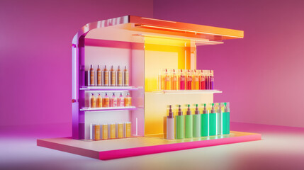 Brightly colored 3D presentation stand with lifelike product renderings, highlighting the