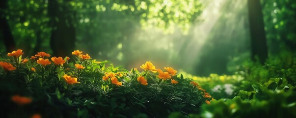 Obraz premium A serene forest scene with vibrant orange flowers illuminated by rays of sunlight filtering through lush greenery.