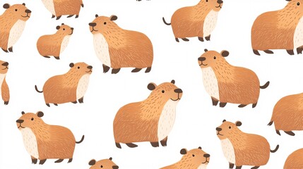 Fototapeta premium Tiny capybaras in a cartoon style scattered across a white background