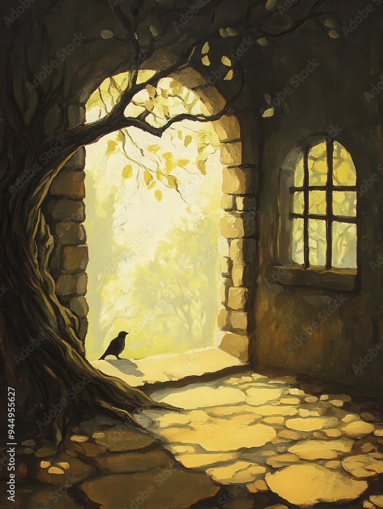 Poster a serene passageway framed by an ancient tree, inviting light and nature into a tranquil space.