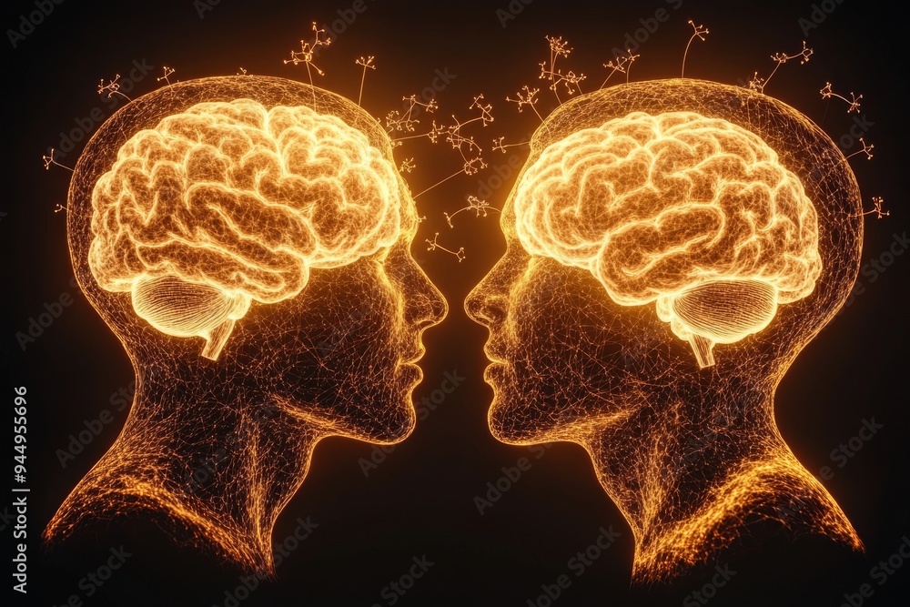 Aufkleber golden brains facing each other with sparks visualizing the electrifying exchange of innovative idea