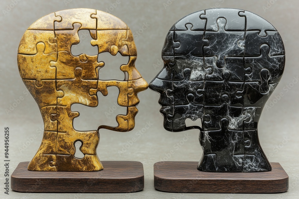 Poster Silhouettes with glowing brain puzzles emphasizing the complexity and interconnection of human relationships