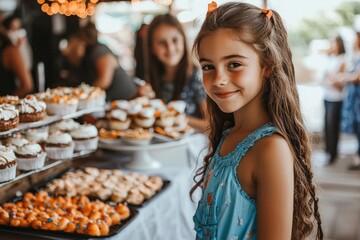 Smiling young woman admiring baked goods at a local market stall