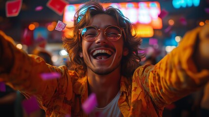 Obraz premium Joyful Young Man Celebrating at a Vibrant Night Event, Surrounded by Neon Lights and Confetti, Emphasizing the Energetic and Festive Atmosphere of a Night Out