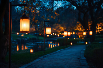 Fototapeta premium Vintage street lights in a park with a pond at dusk